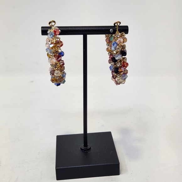 Rhinestone Encrusted Gold Tone Hoops Earrings Hinged Post Statement Jewelry - Picture 1 of 5